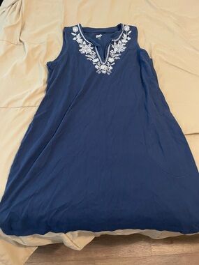 Lands End Navy Sleeveless Embroidered Shift Dress